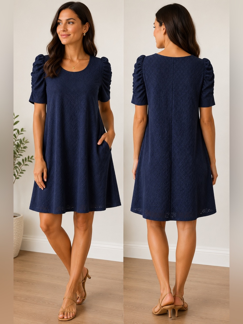 MSK Navy Eyelet Puff Sleeve Dress XL NWT A-Line